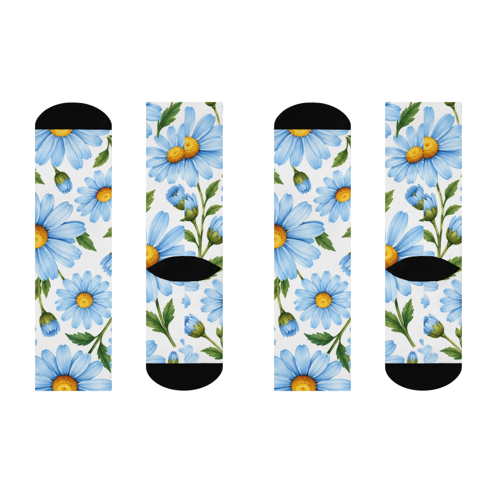 Daisy Bloom Cushioned Crew Socks — Blue Floral Comfort Socks