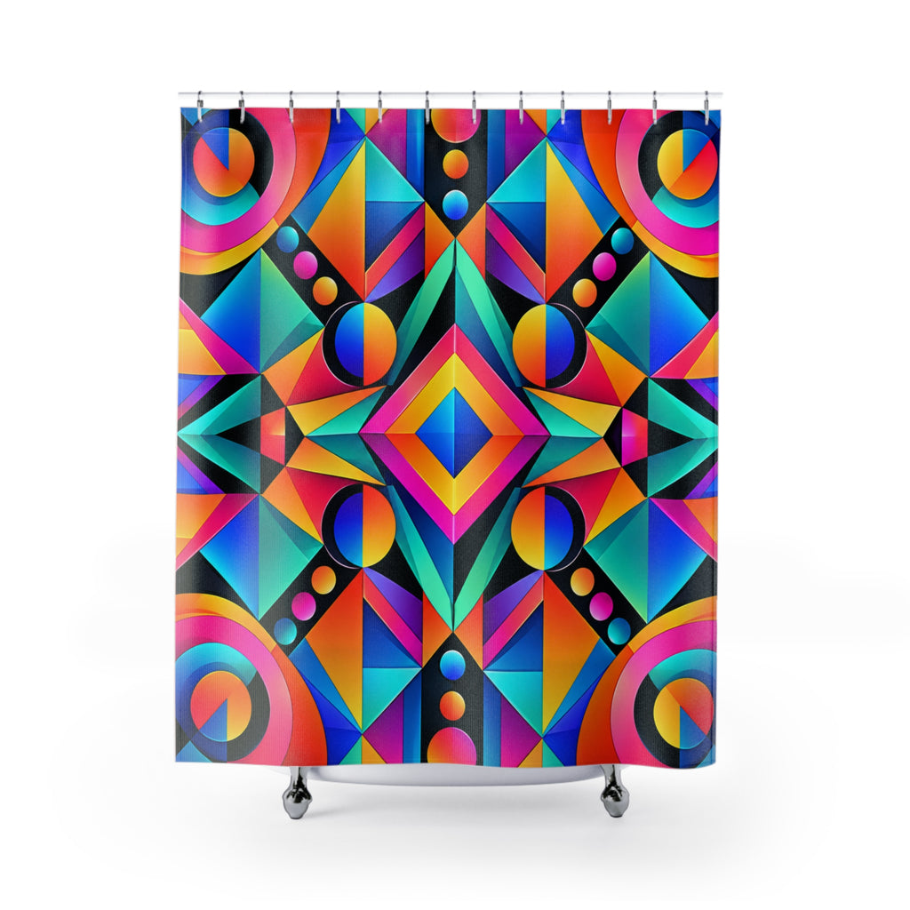 Geometric Neon Shower Curtain — Vibrant Retro Abstract Bathroom Decor