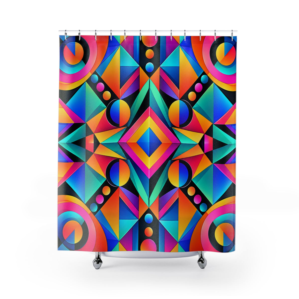 Geometric Neon Shower Curtain — Vibrant Retro Abstract Bathroom Decor