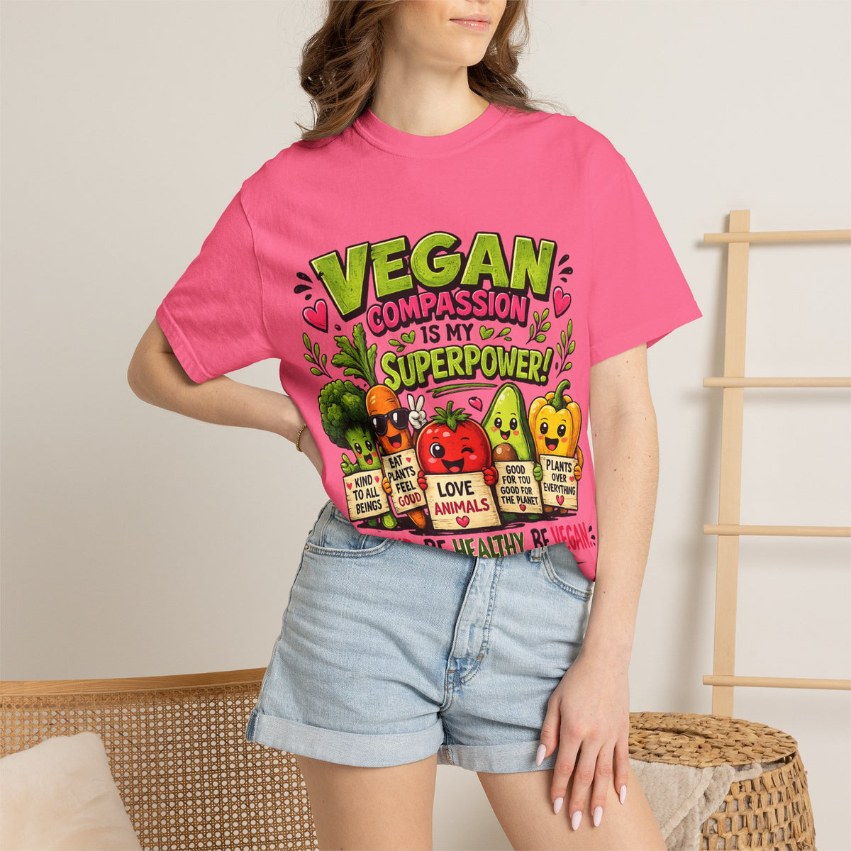 Vegan Compassion Is My Superpower T-shirt | Cute Veggie Characters