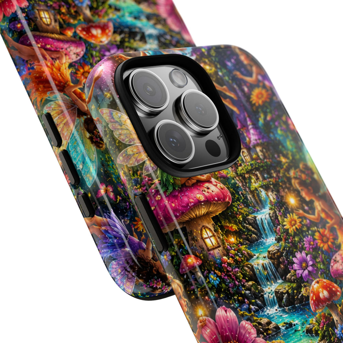 Fairy Garden Tough Phone Case — Whimsical Cottage, Waterfall & Mushroom Artwork