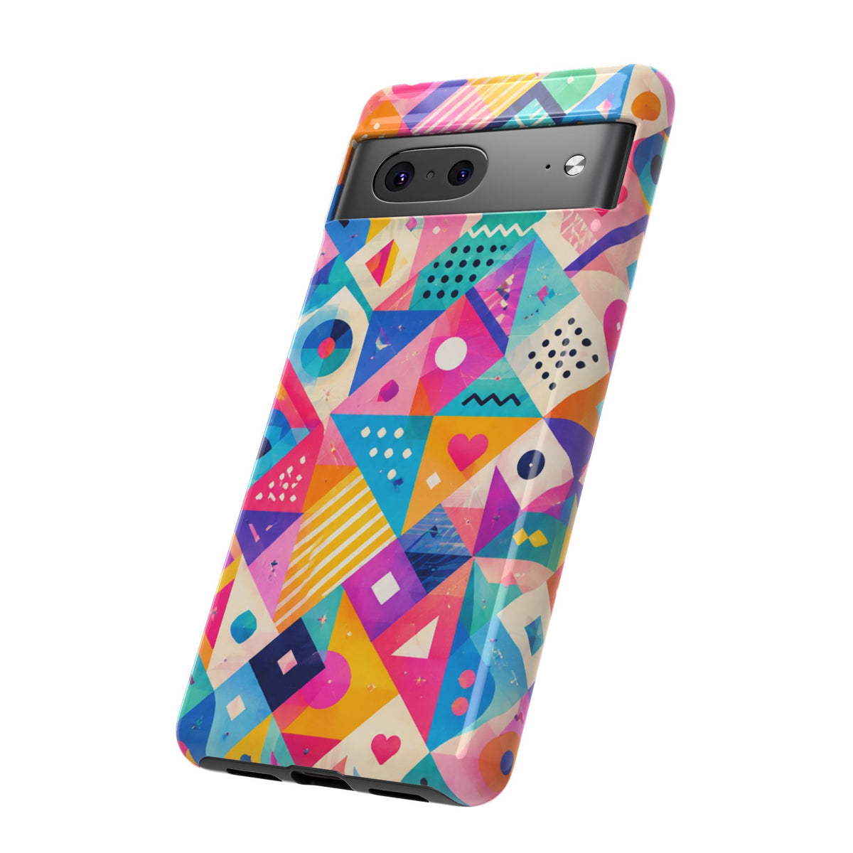 Colorful Geometric Tough Phone Case — Bright Abstract Heart & Triangle Pattern