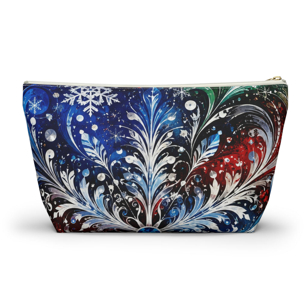 Winter Floral Accessory Pouch — Snowflake Cosmetic Bag with T-Bottom
