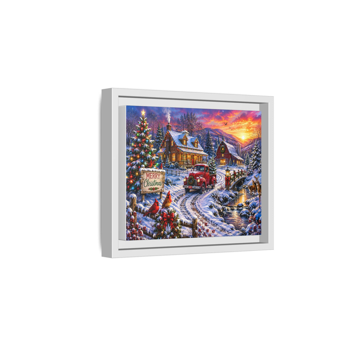 Cozy Vintage Christmas Truck Framed Canvas – "Merry Christmas" Winter Cabin Scene