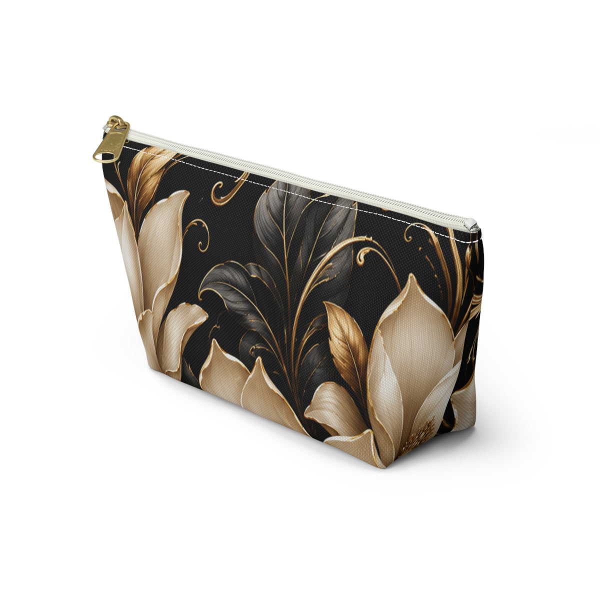 Floral Tapestry Accessory Pouch — Gold & Black Magnolia Makeup Bag