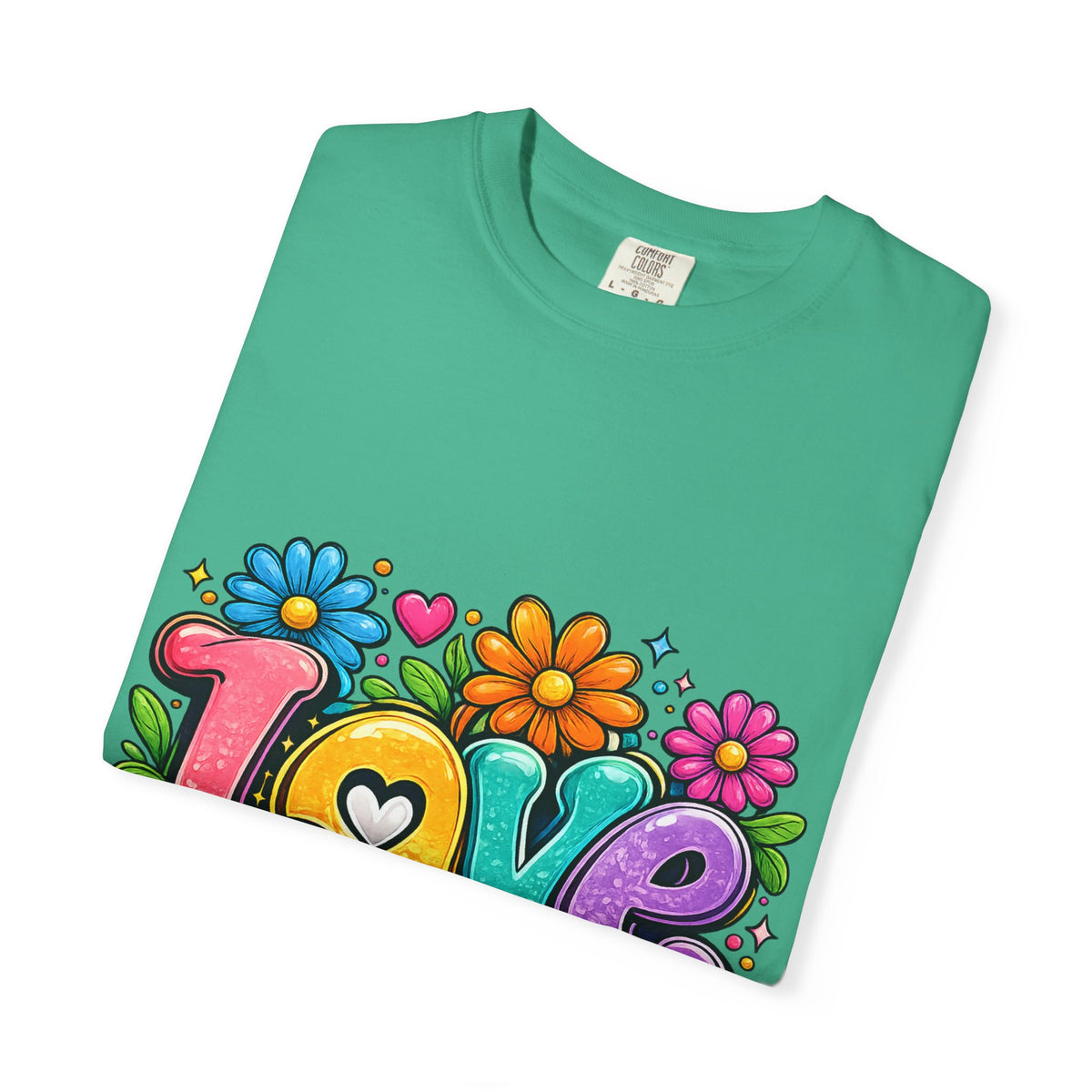 Retro Floral "Love" Design T-shirt | Colorful 70s Heart Typography