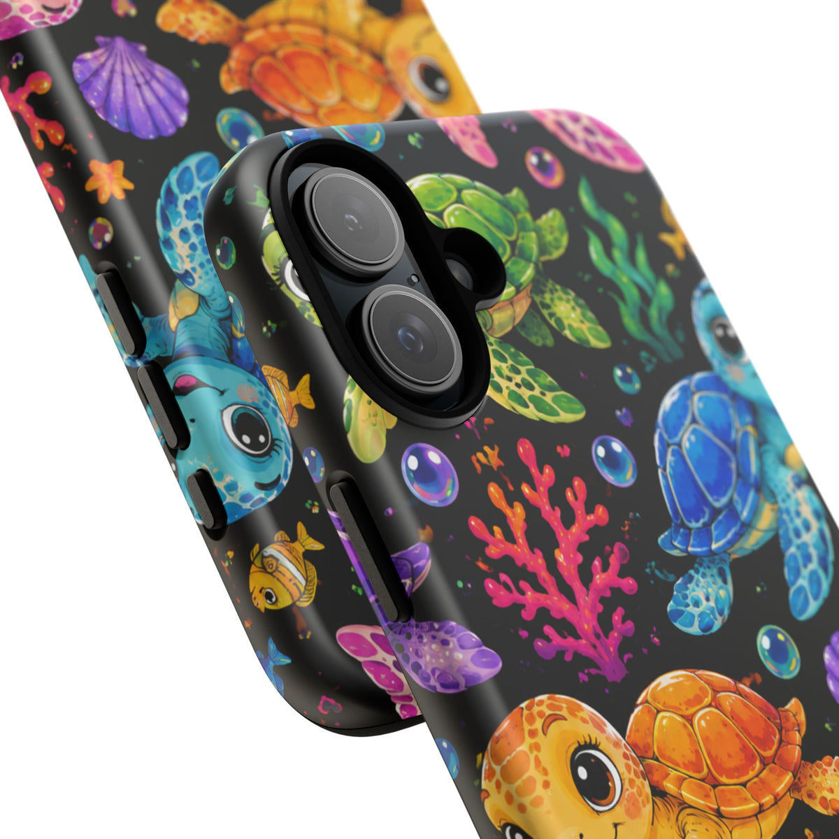 Phone Case — Colorful Cute Sea Turtles on Black (Protective Smartphone Cover)