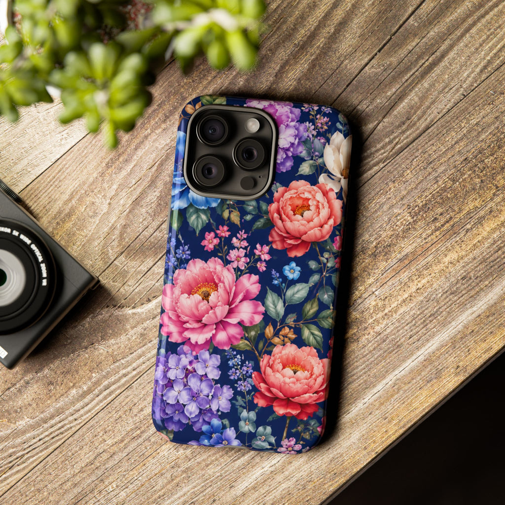 Floral Tough Phone Case – Vibrant Garden Flowers on Navy