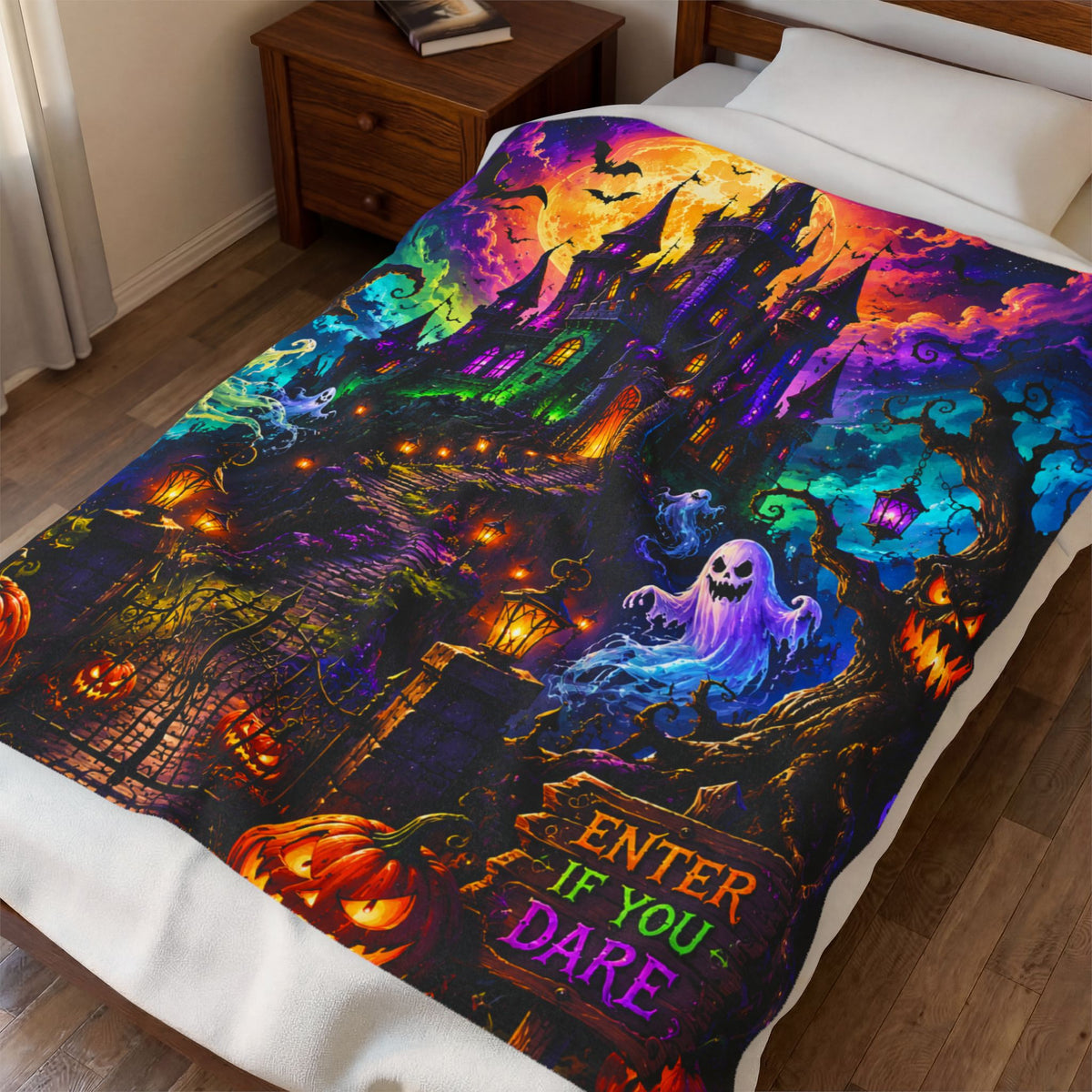 Halloween Haunted Castle Plush Blanket — "Enter If You Dare" Velveteen Throw