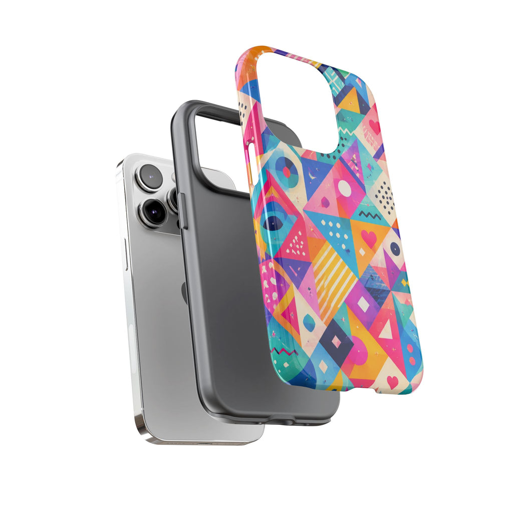 Colorful Geometric Tough Phone Case — Bright Abstract Heart & Triangle Pattern