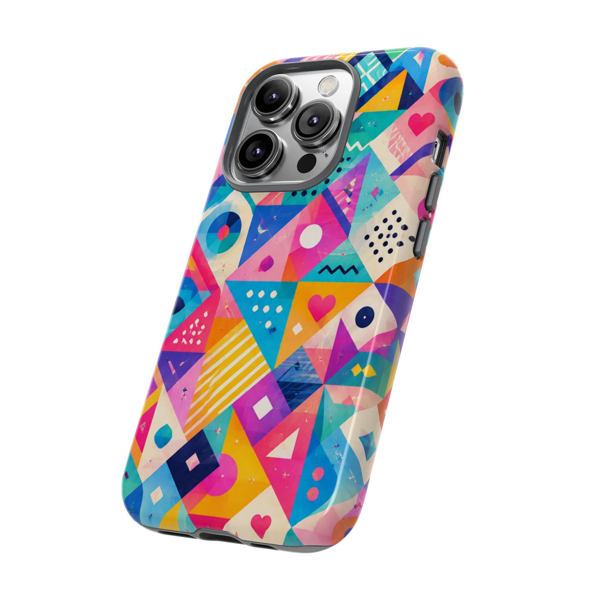 Colorful Geometric Tough Phone Case — Bright Abstract Heart & Triangle Pattern