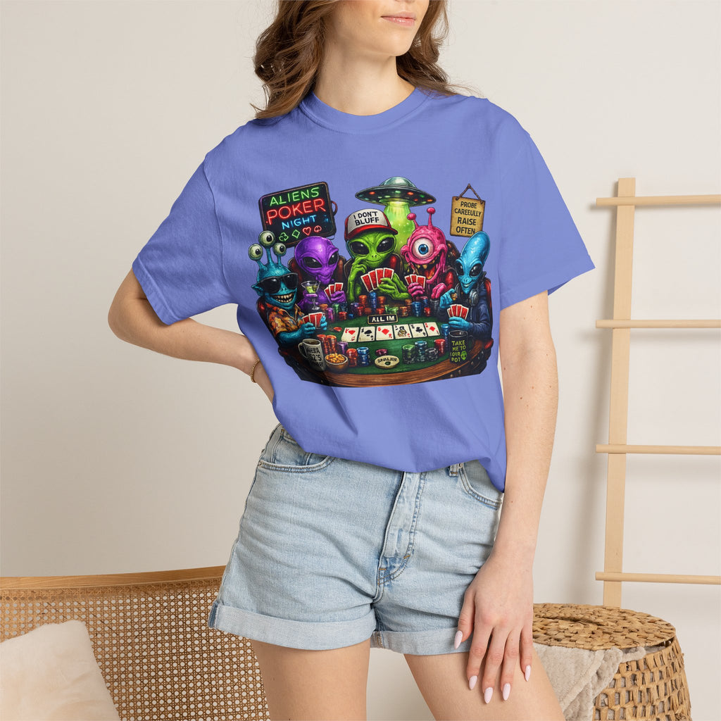 Aliens Poker Night T-shirt | Funny UFO Casino Card Game Design