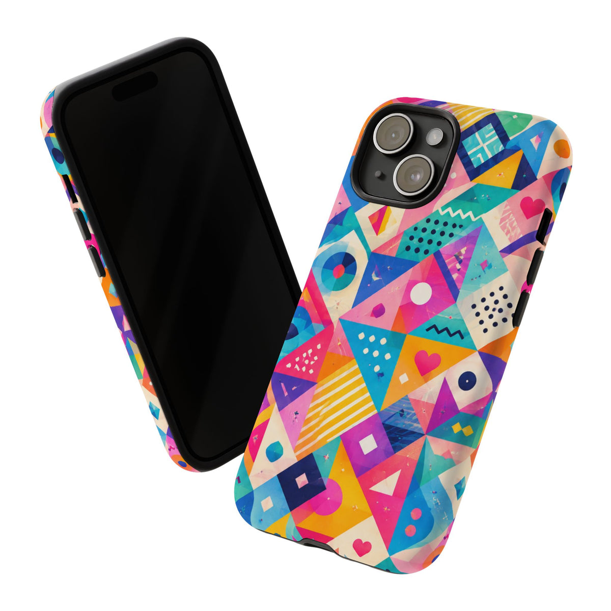 Colorful Geometric Tough Phone Case — Bright Abstract Heart & Triangle Pattern