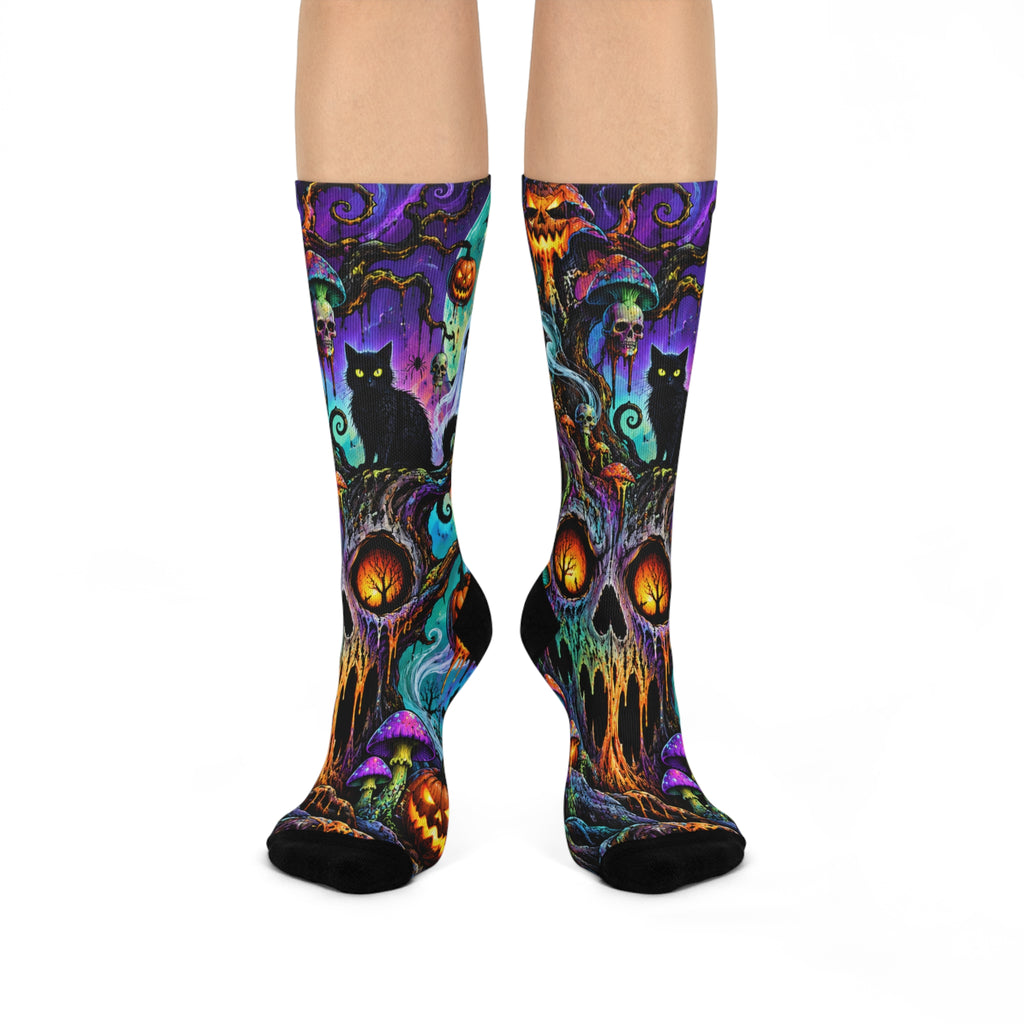 Halloween Night Cushioned Crew Socks — Spooky Pumpkins, Ghosts & Black Cat