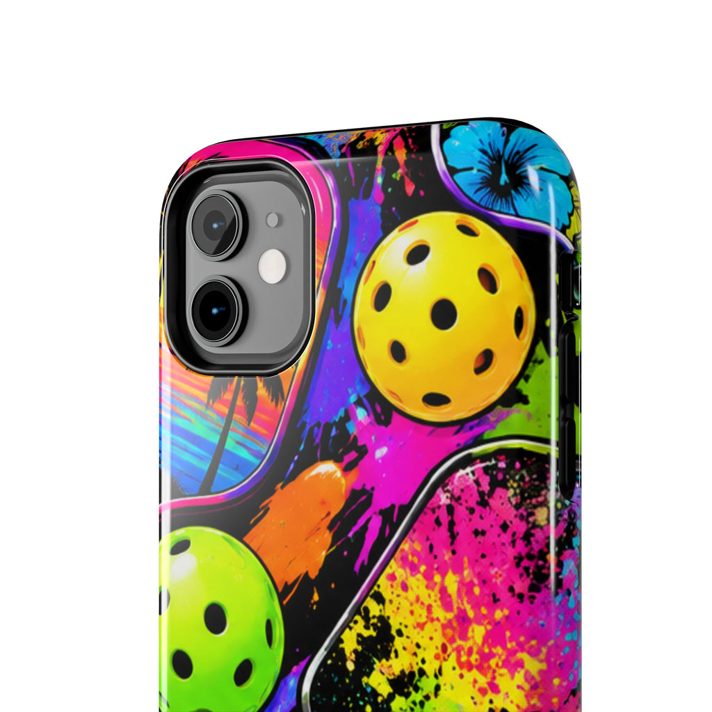 Pickleball Splash Tough Phone Case — Neon Paddle & Ball Protective Cover