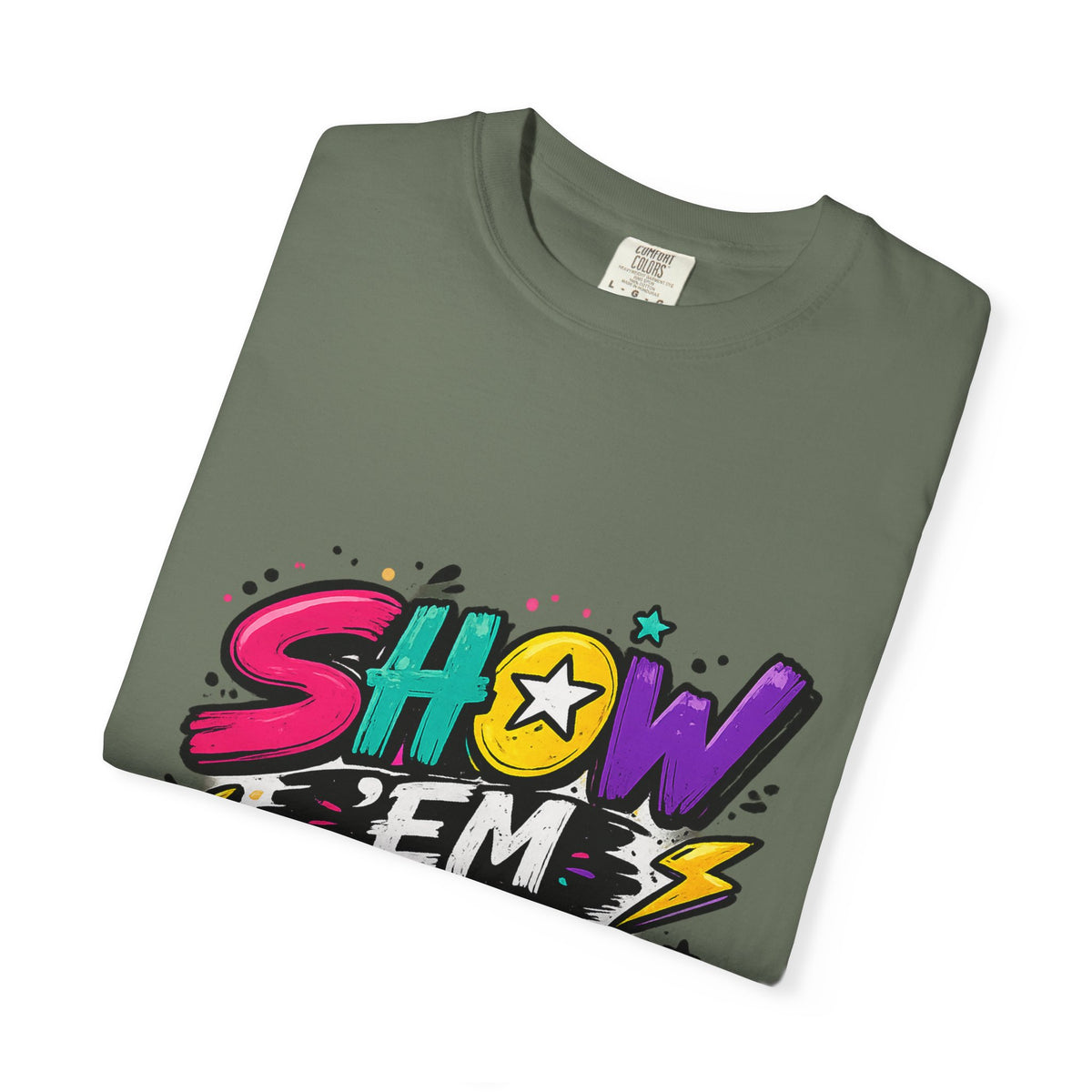 Show 'Em to Me bold pop art design T-shirt | colorful graphic tee