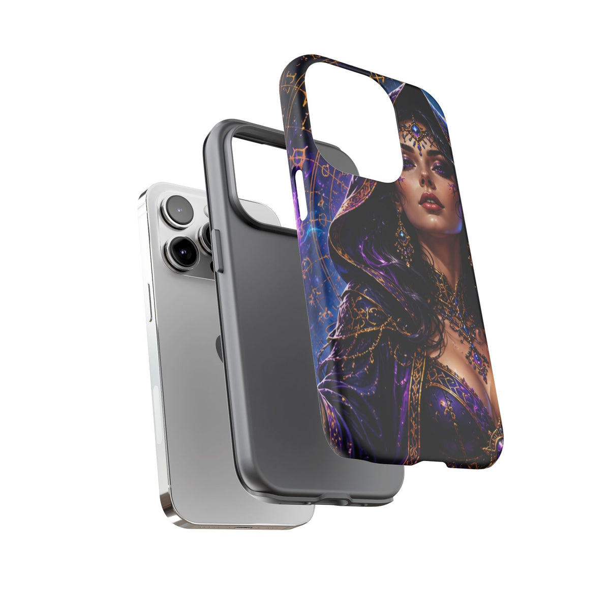 Phone Case — Mystical Sorceress Art Protective Tough Case (Astrology, Purple Hooded Witch)