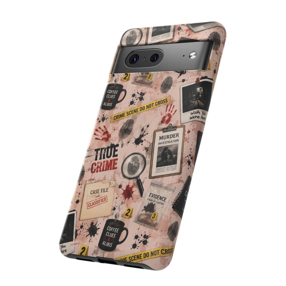 True Crime Pattern Phone Case – Detective Evidence, Crime Scene Tape & 'True Crime' Design