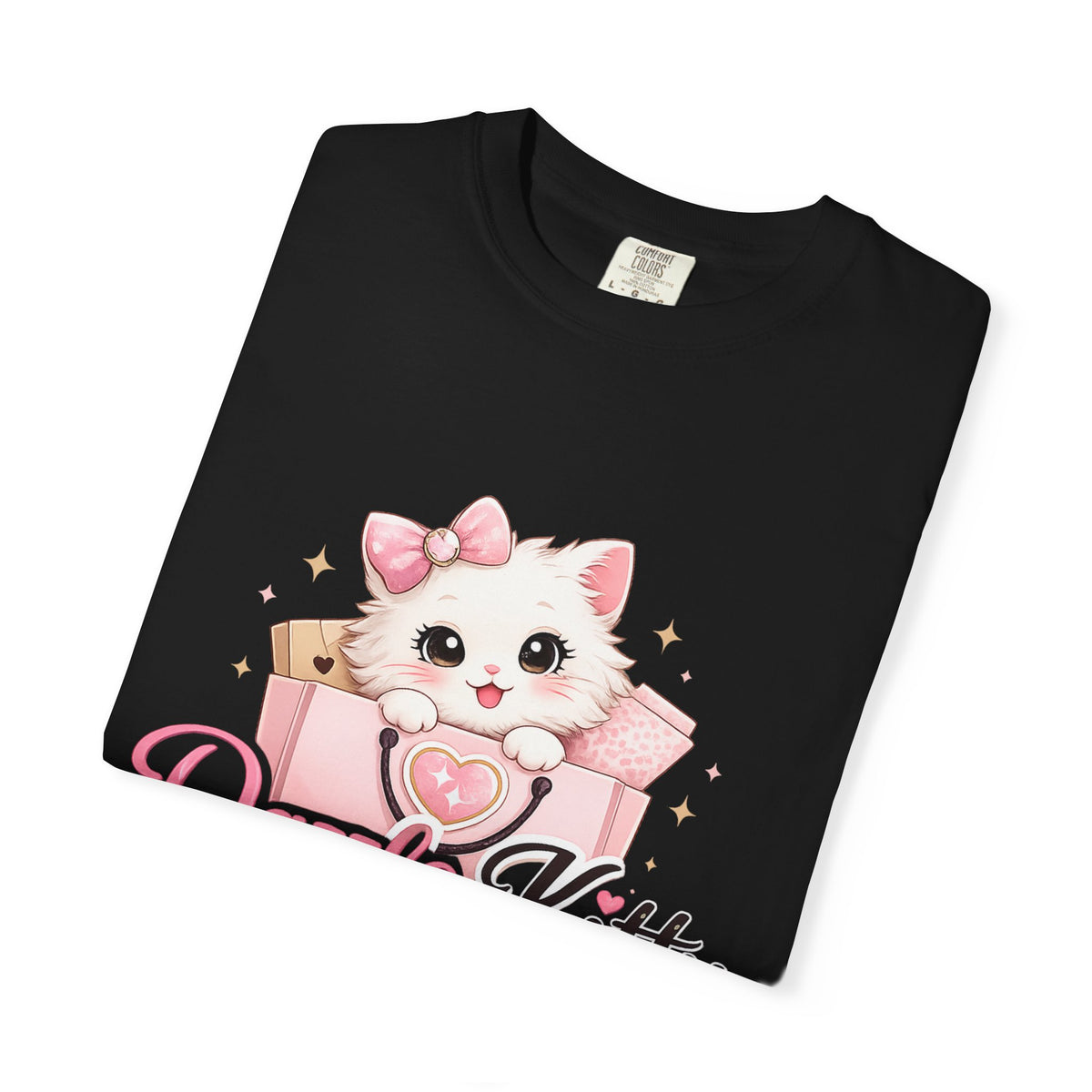 Dazzle Kitty Cute Kitten Illustration T-shirt | Pink Bow Cat Tee