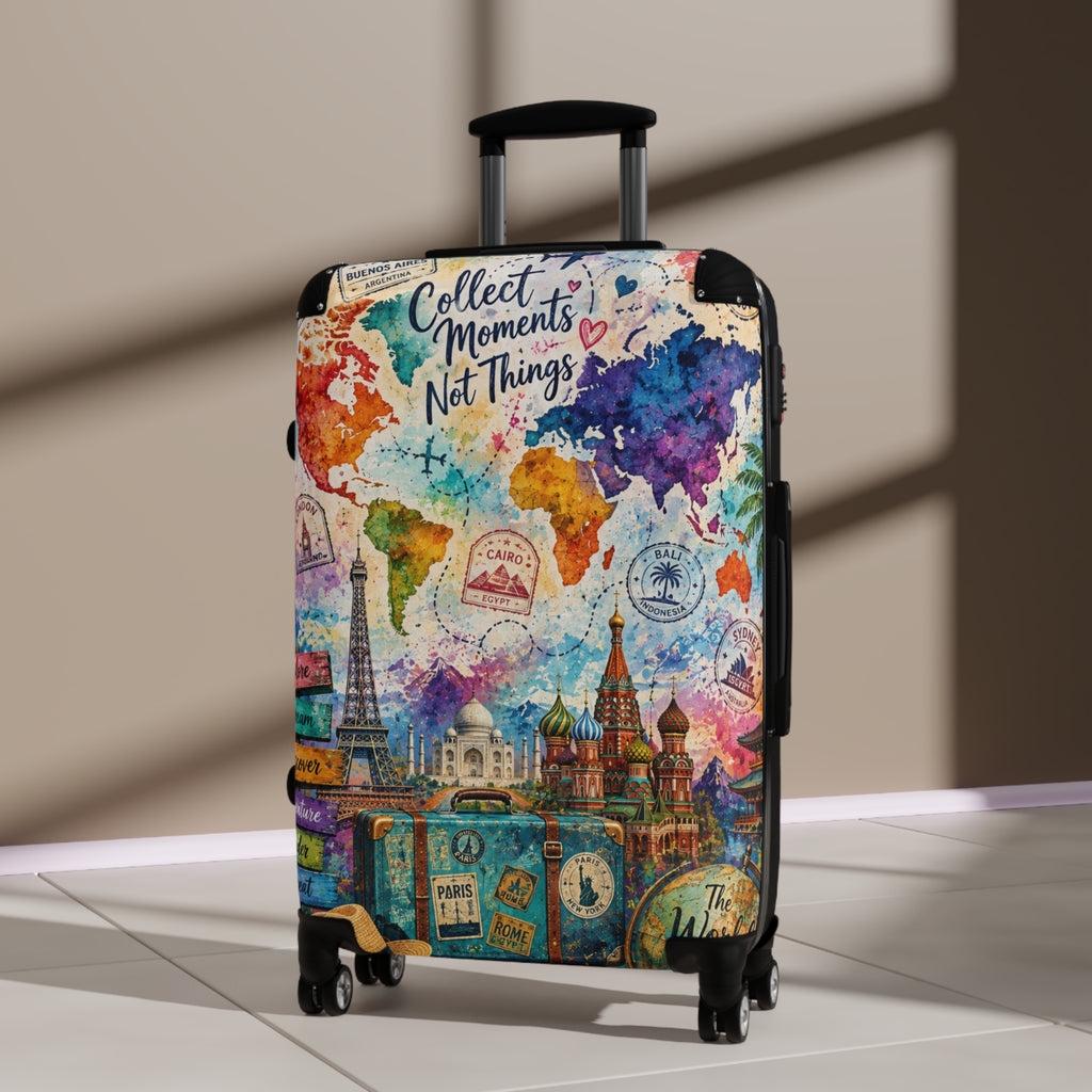 Collect Moments Not Things Suitcase – Colorful World Map Travel Luggage