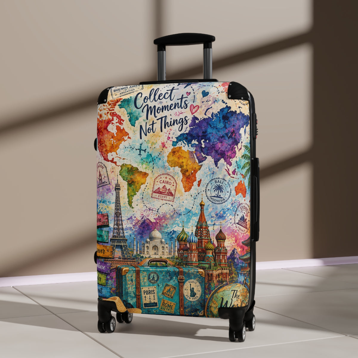 Collect Moments Not Things Suitcase – Colorful World Map Travel Luggage