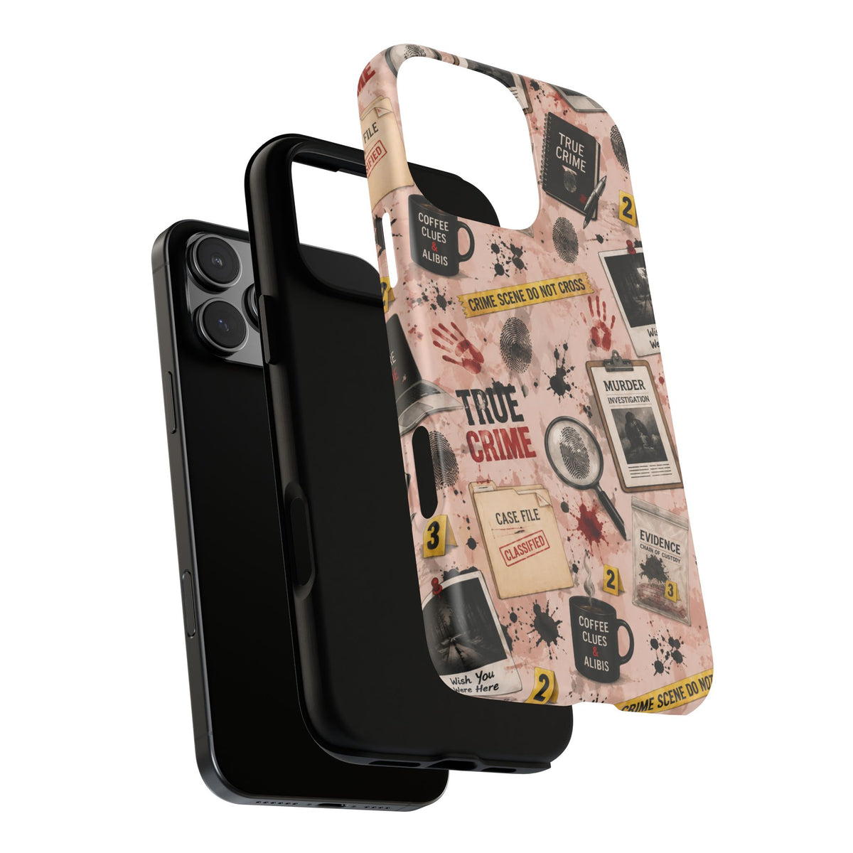 True Crime Pattern Phone Case – Detective Evidence, Crime Scene Tape & 'True Crime' Design