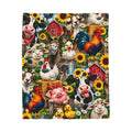 Farm Animal Velveteen Plush Blanket – Colorful Barnyard Rooster, Cow & Pig Throw