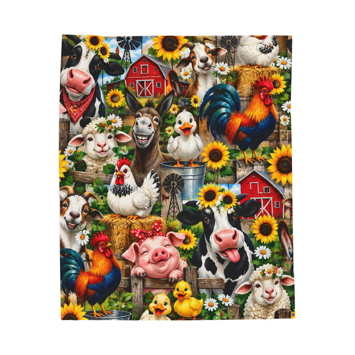 Farm Animal Velveteen Plush Blanket – Colorful Barnyard Rooster, Cow & Pig Throw