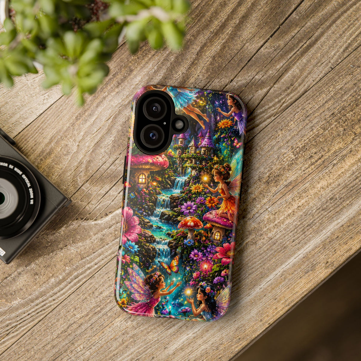 Fairy Garden Tough Phone Case — Whimsical Cottage, Waterfall & Mushroom Artwork
