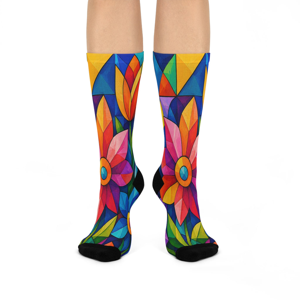 Floral Stained Glass Crew Socks — Bright Colorful Tulip Pattern