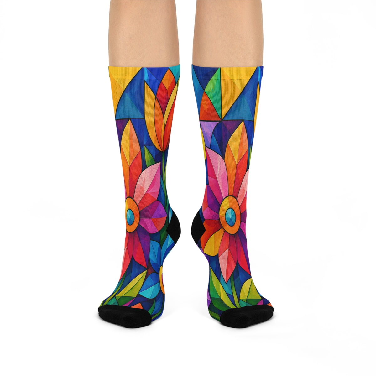Floral Stained Glass Crew Socks — Bright Colorful Tulip Pattern