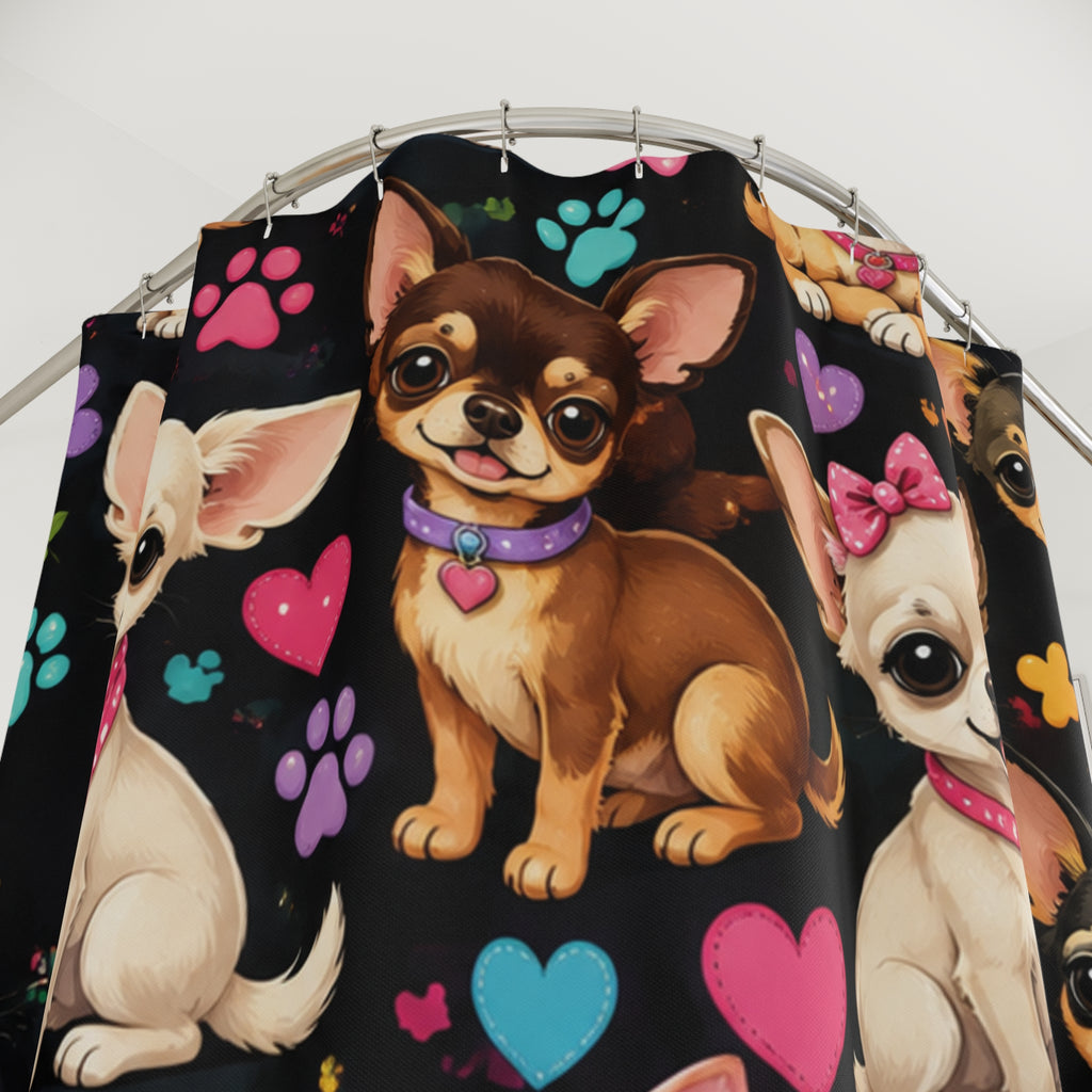 Cute Chihuahua Pattern Shower Curtain | Paw Prints Hearts Dog Illustration