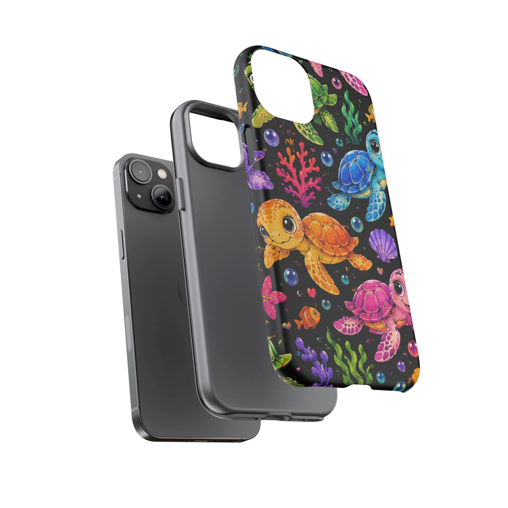 Phone Case — Colorful Cute Sea Turtles on Black (Protective Smartphone Cover)