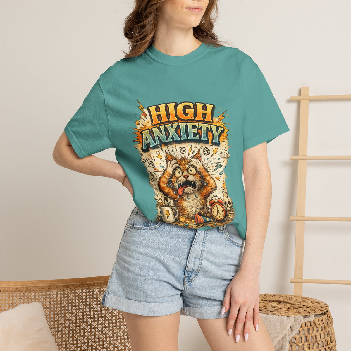 High Anxiety Cat Illustration T-shirt | Nervous Kitty Graphic Tee