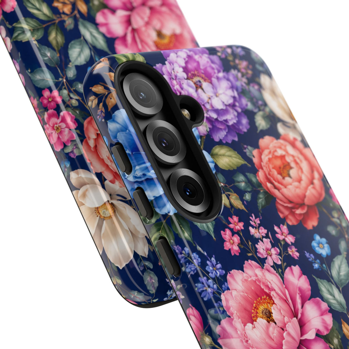 Floral Tough Phone Case – Vibrant Garden Flowers on Navy
