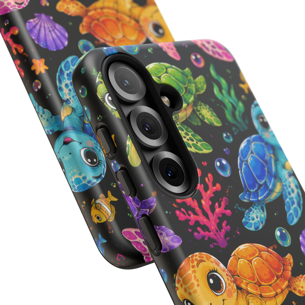 Phone Case — Colorful Cute Sea Turtles on Black (Protective Smartphone Cover)