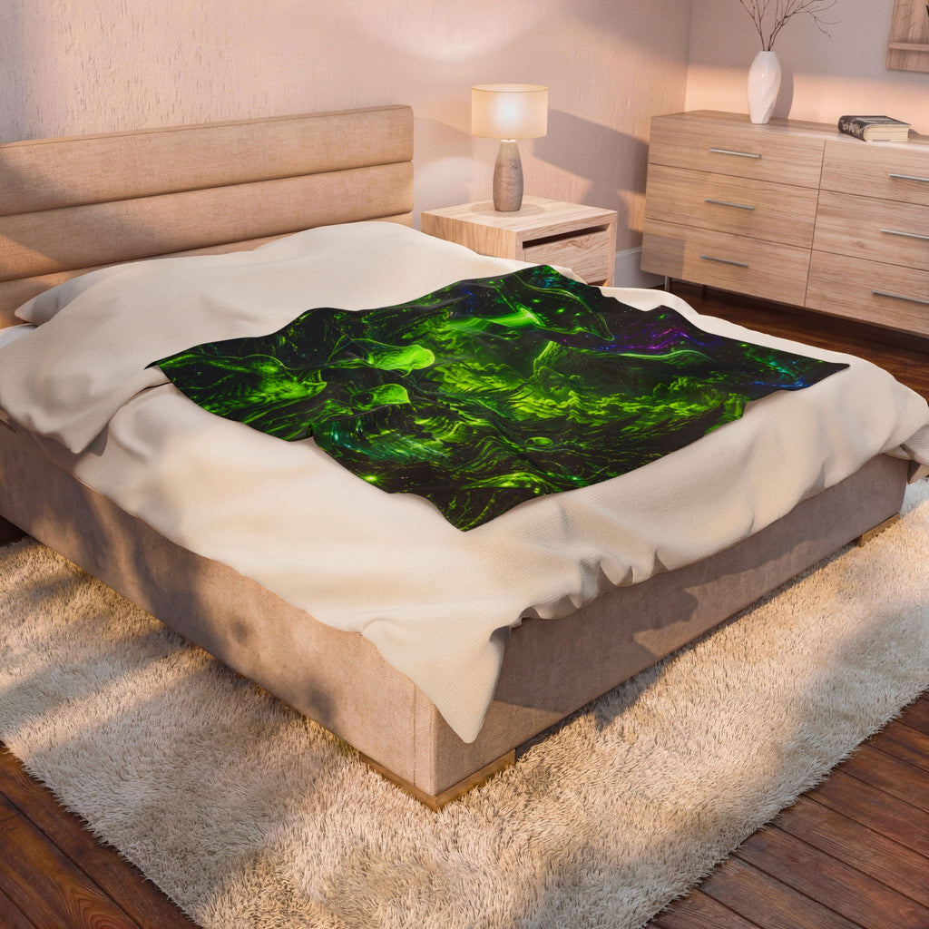 Alien Abduction Velveteen Plush Blanket – Neon Green UFO & Space Scene