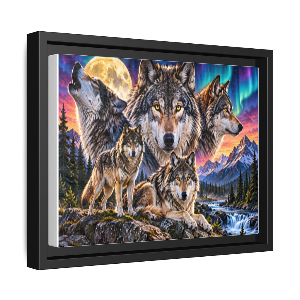 Framed Wolf Pack Matte Canvas Wall Art — Northern Lights Wilderness Scene