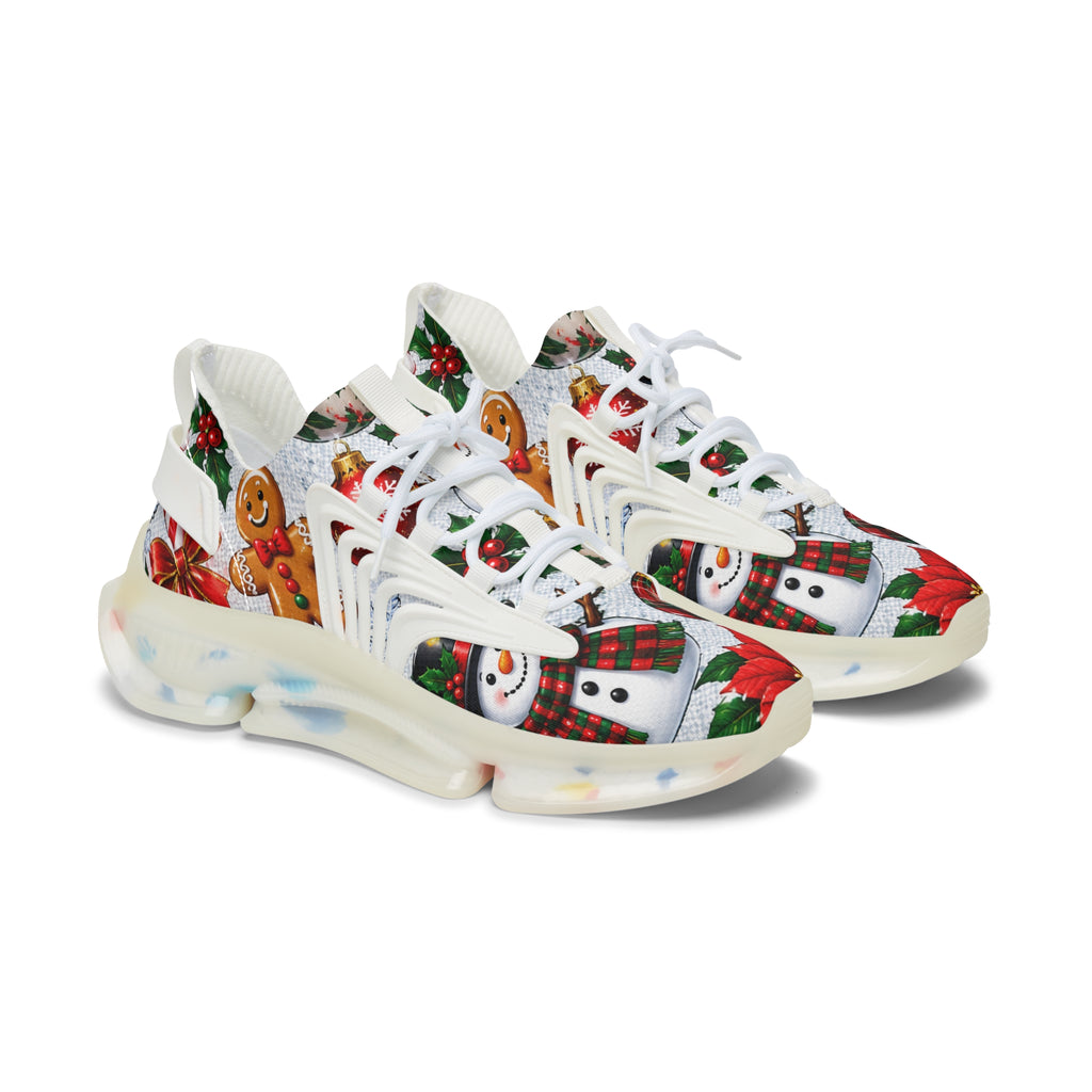 Christmas Snowman & Poinsettia Women's Mesh Sneakers — Holiday Graphic Athletic Shoes