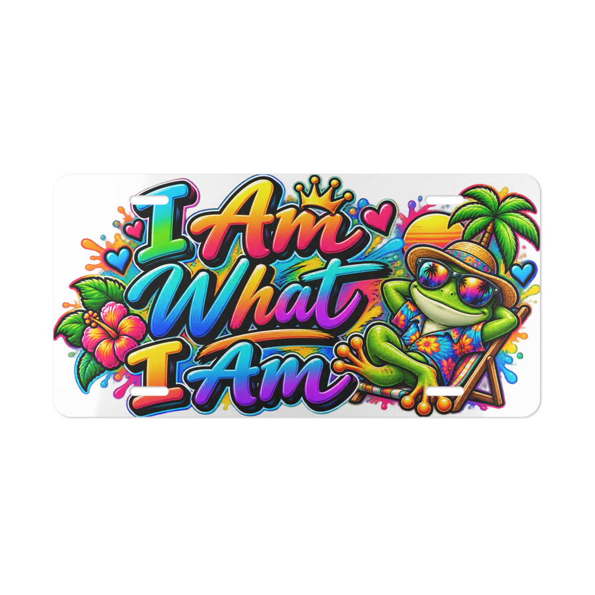 I Am What I Am Frog Beach Vanity Plate — Colorful Tropical License Plate