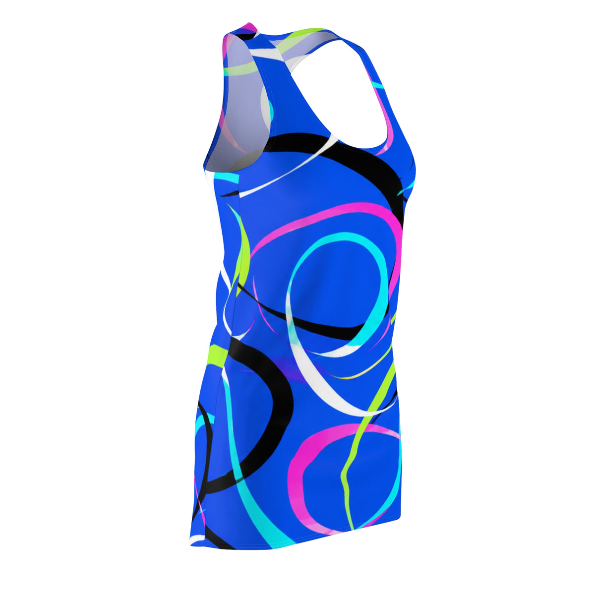 Blue Neon Swirl Racerback Dress — Vibrant All-Over Print Sundress