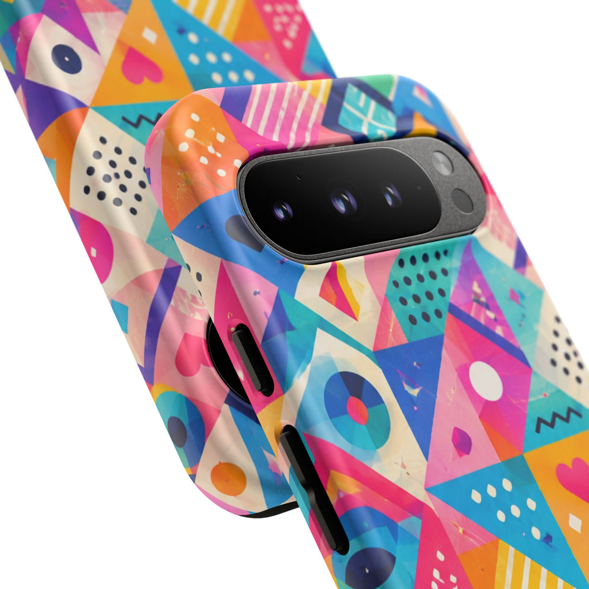 Colorful Geometric Tough Phone Case — Bright Abstract Heart & Triangle Pattern