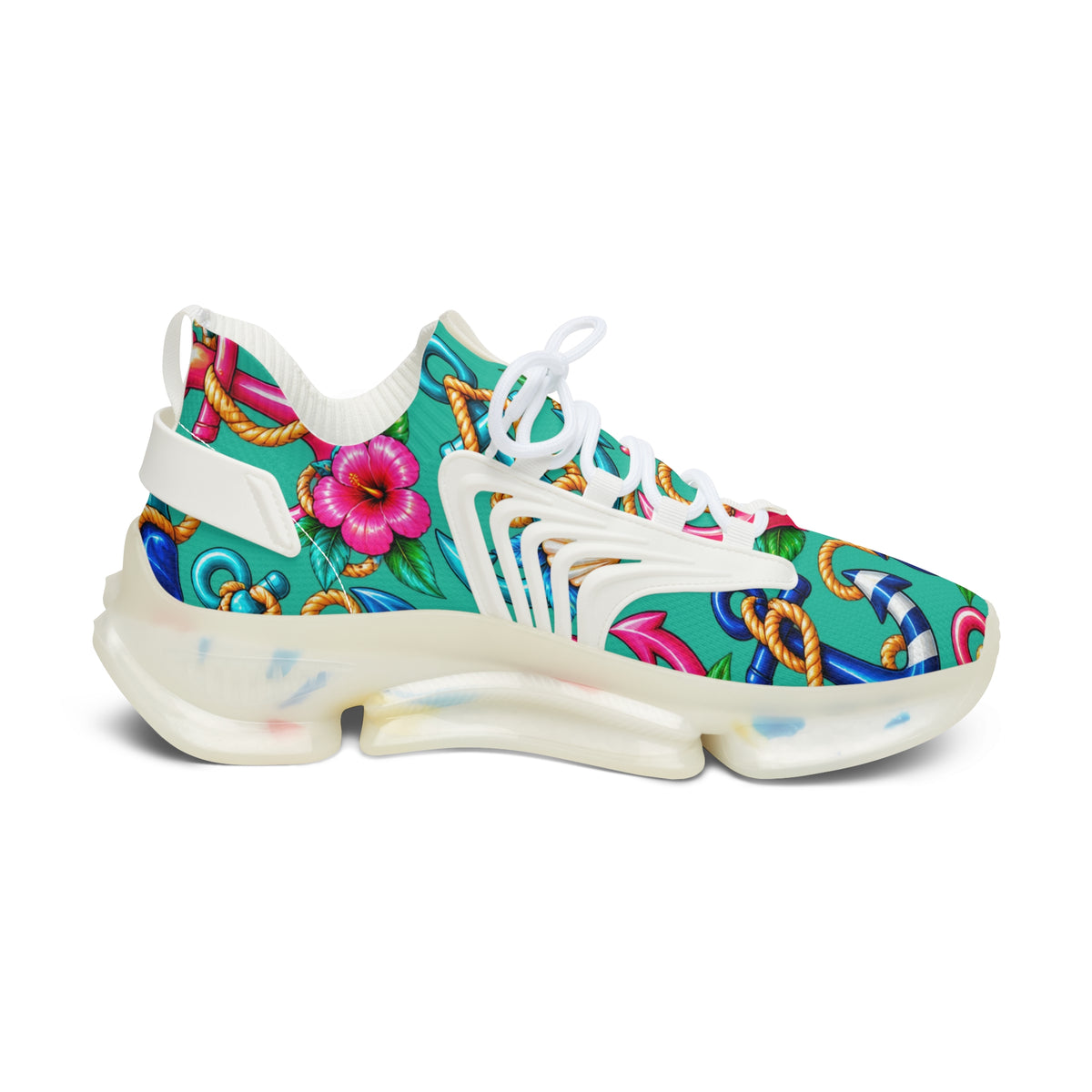 Floral Tropical Mesh Sneakers — Women's Colorful Rope & Hibiscus Print