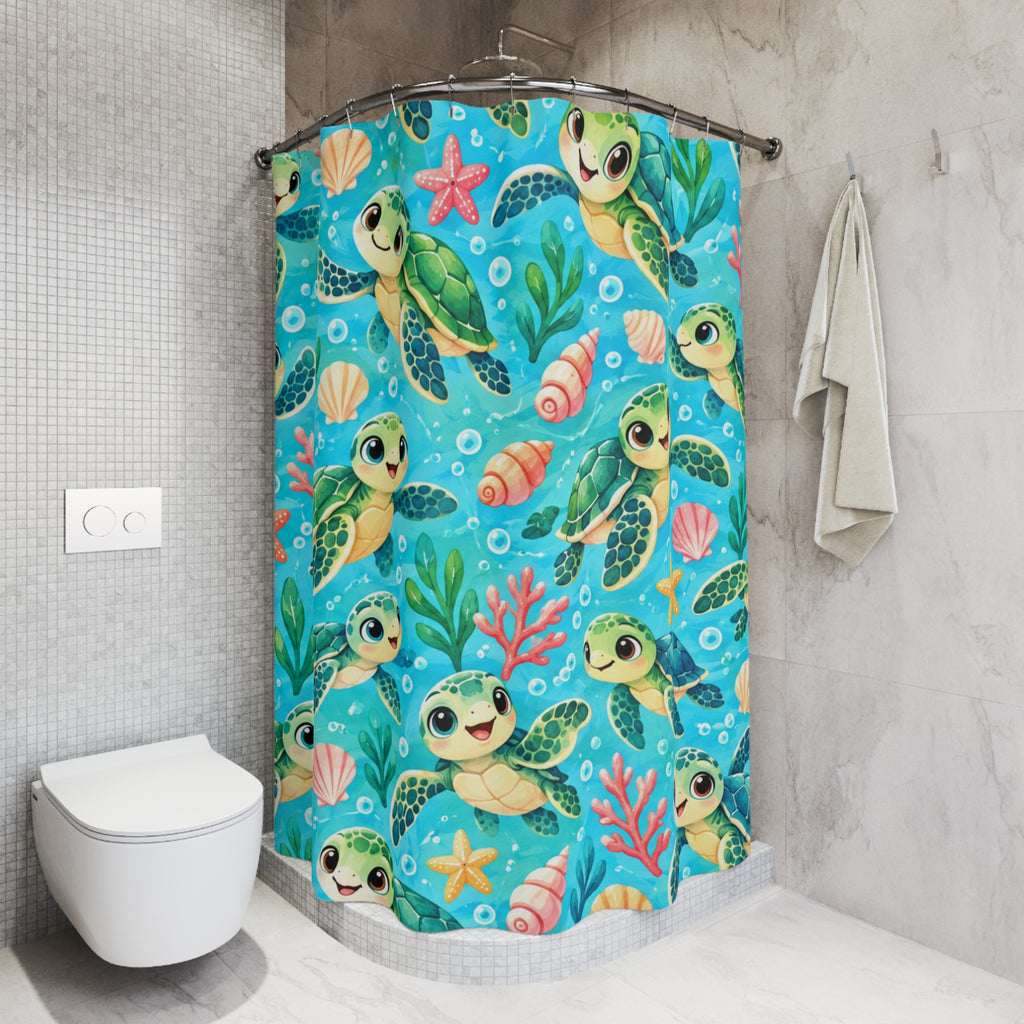 Cute Sea Turtle Pattern Shower Curtain | Ocean Turtle Seashells Beachy Bath