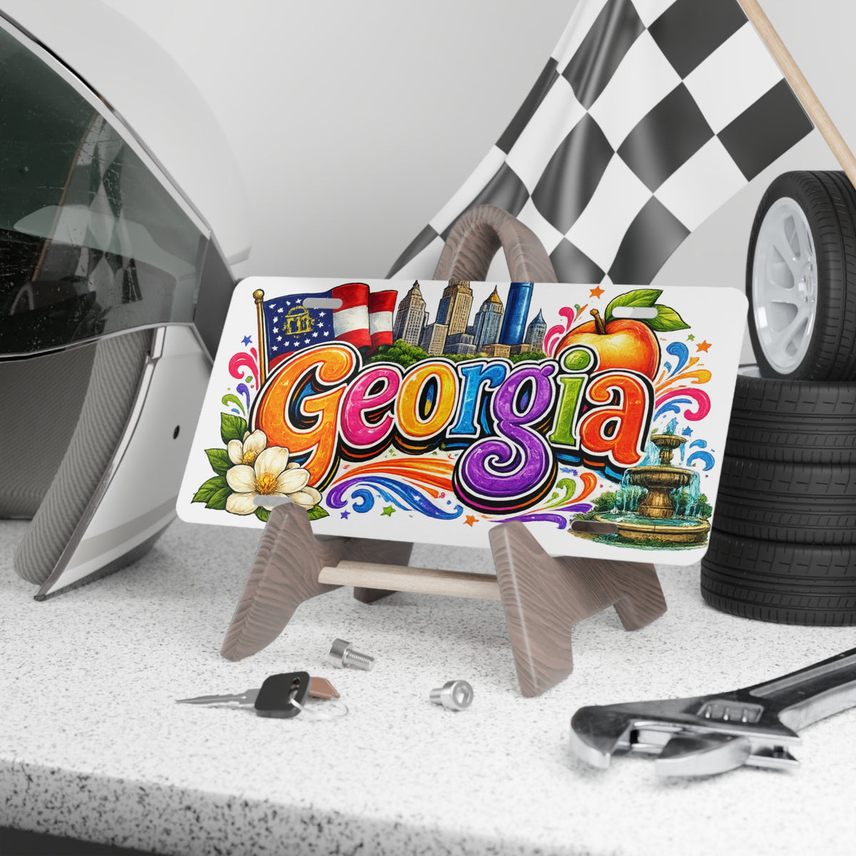 Georgia colorful state skyline license plate | peach, magnolia, fountain