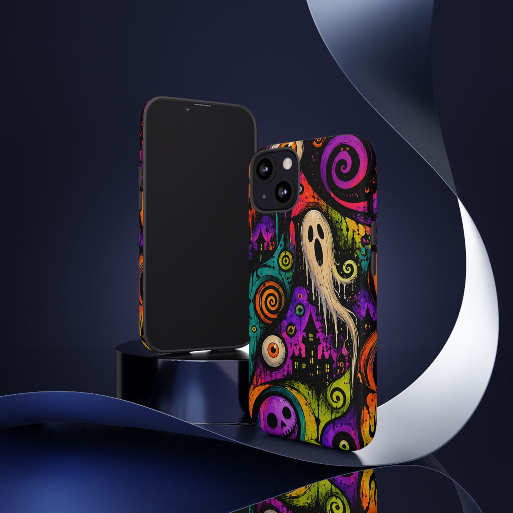 Halloween Ghost Phone Case — Colorful Spooky Skull & Haunted House Tough Case