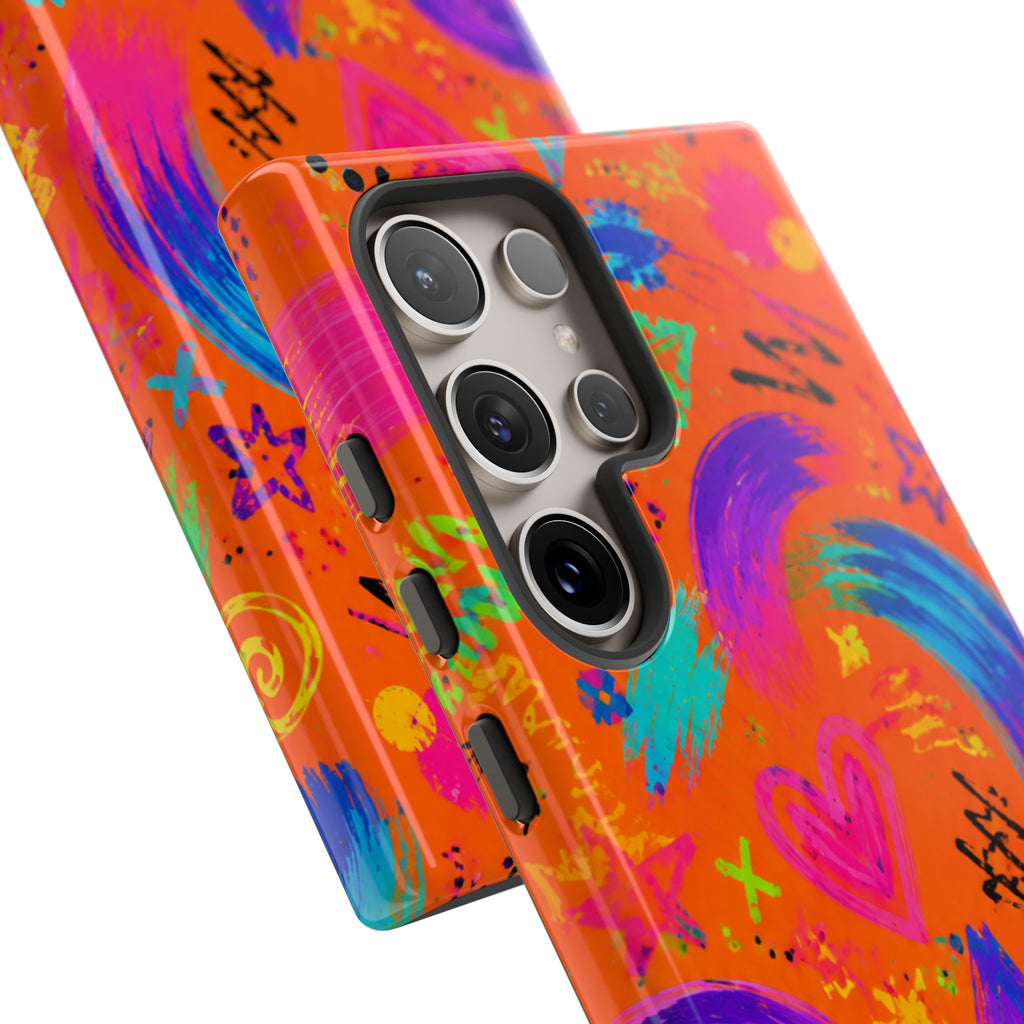 Colorful Neon Doodle Phone Case — Bright Abstract Stars & Hearts Tough Case