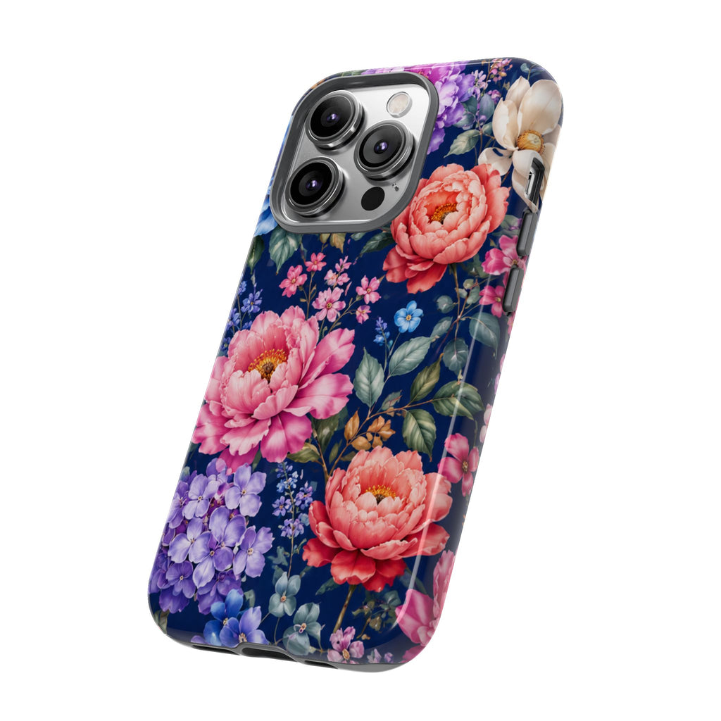 Floral Tough Phone Case – Vibrant Garden Flowers on Navy