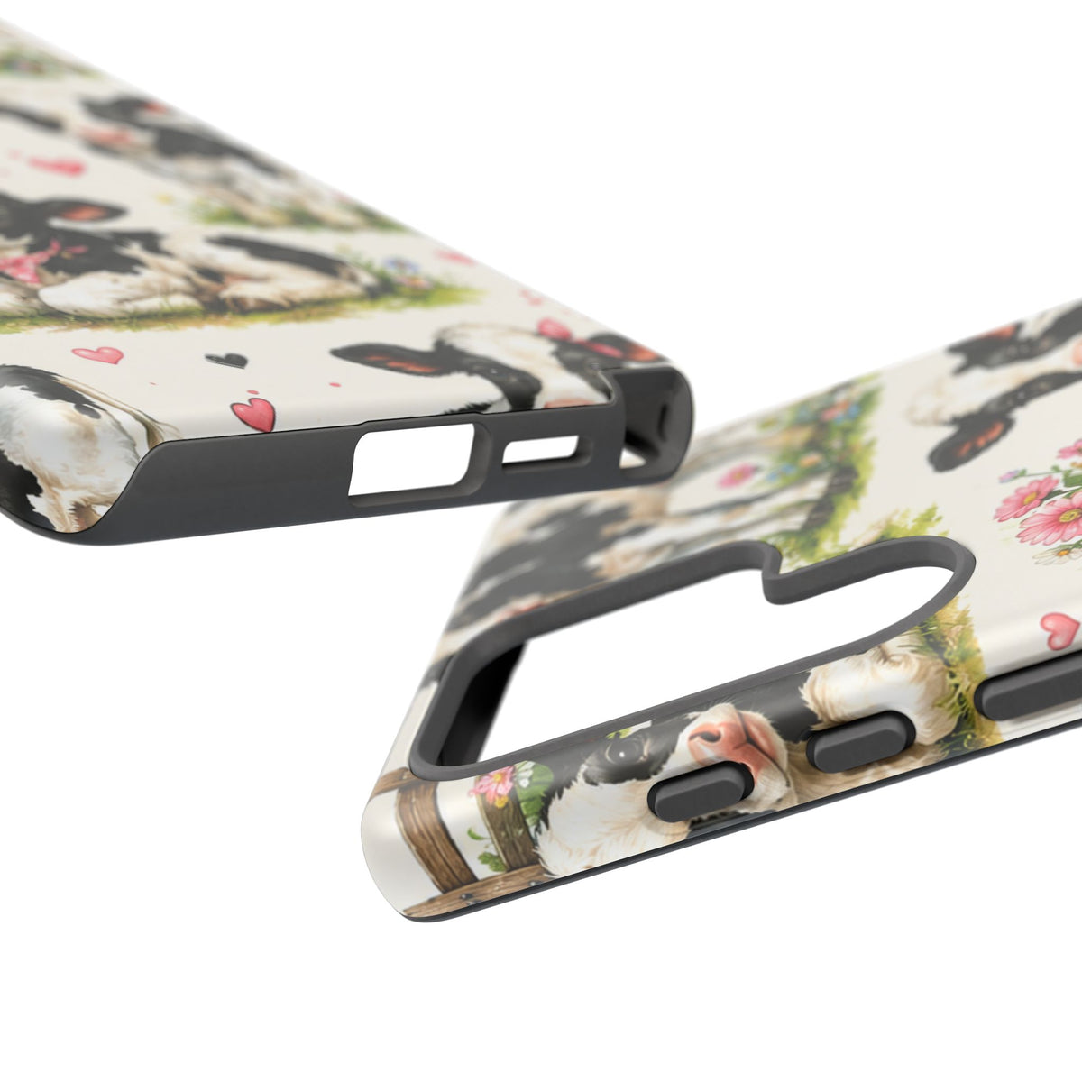 Cute Calf Pattern Phone Case – Pastel Cow Hearts & Flowers Protective Cover