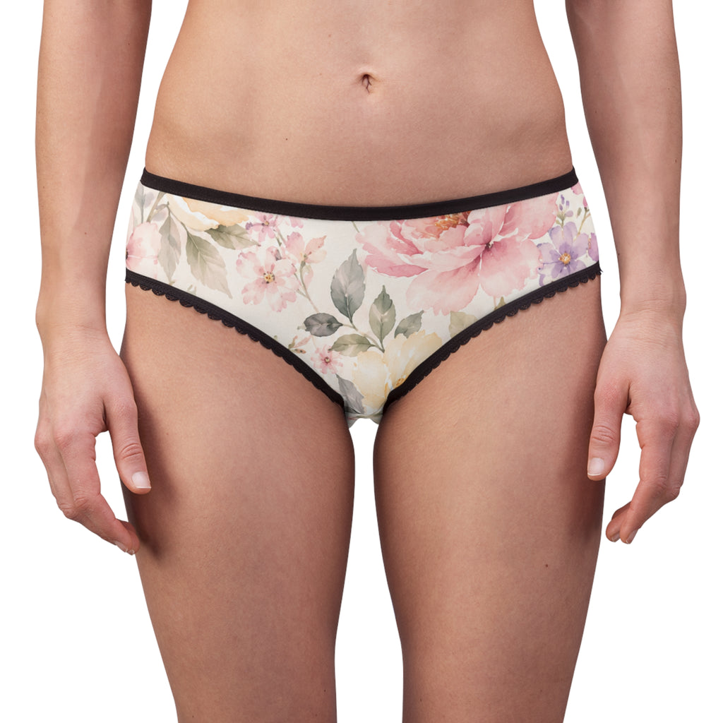 Floral Watercolor Lace-Trim Women's Briefs — Soft Pink Peony All-Over Print